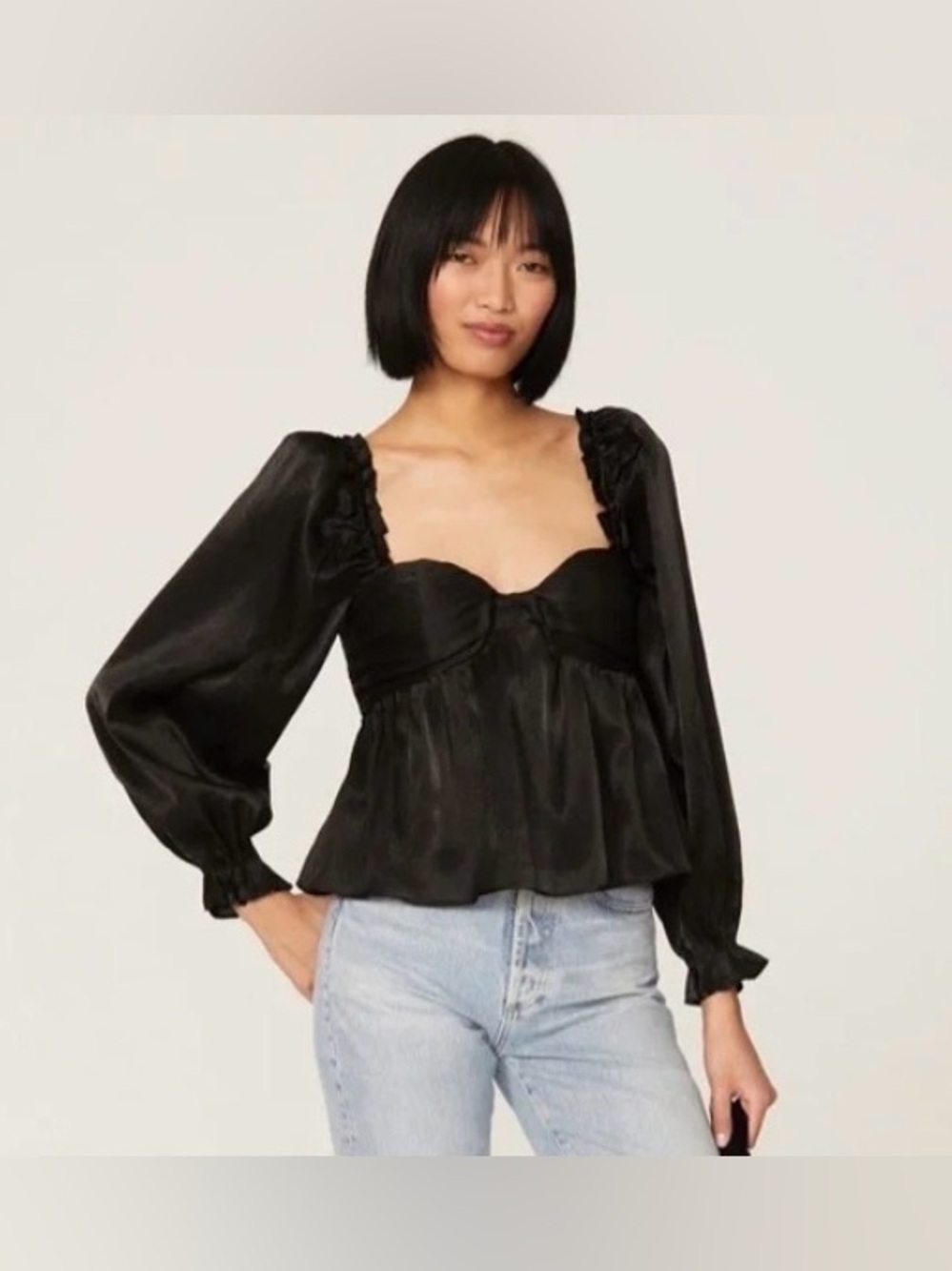 ASTR The Label Black Satin Puff Sleeve Babydoll Top Size Medium